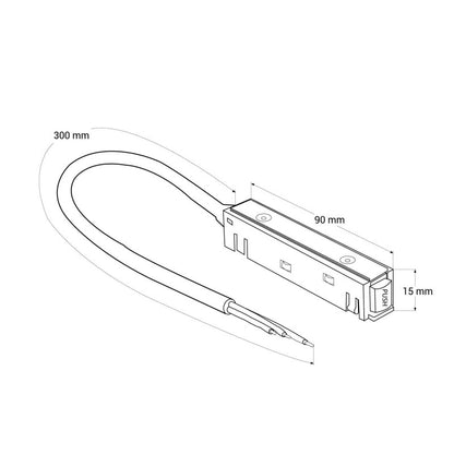 Trano 48V Einspeisung mit 300 mm Kabel für 20 mm Magnetschienen – DALI‑kompatibel, IP20, 90×15 mm, Schwarz