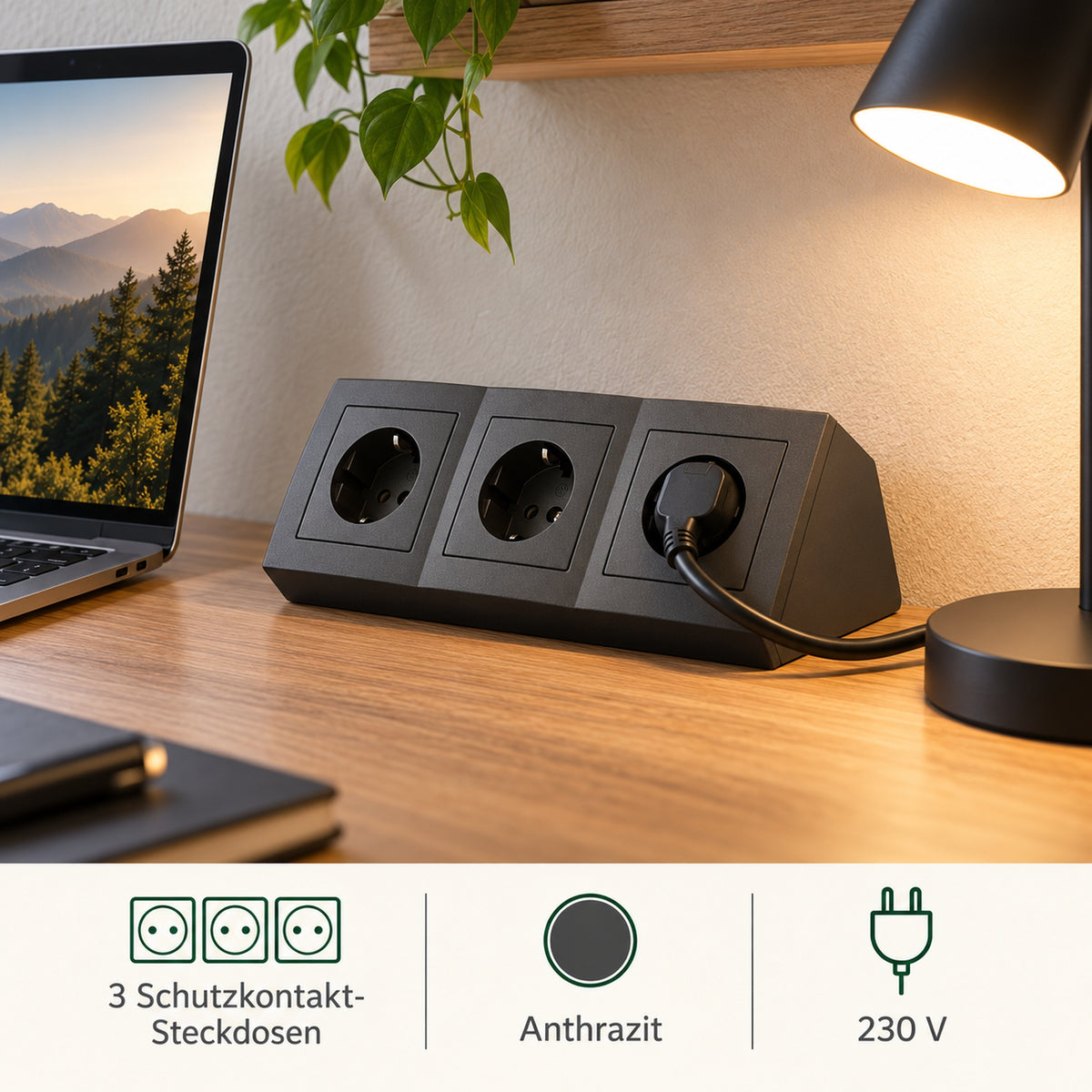 Steckdose Küche Büro 3-fach Kunststoff Anthrazit Ecksteckdose Tischsteckdose Einbausteckdose Ecke – Lifestyleansicht