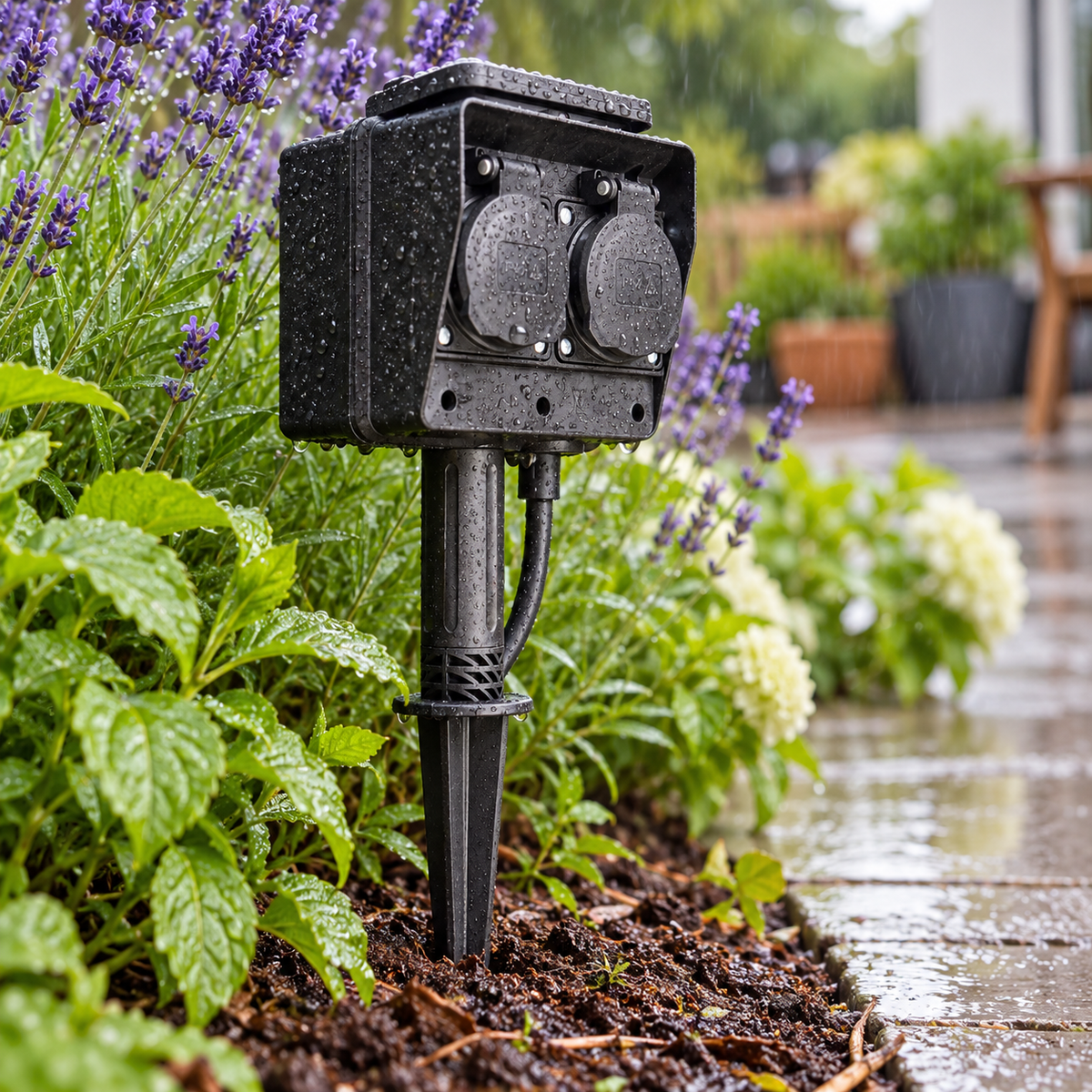 Trano Gartensteckdose – Garten bei Regen