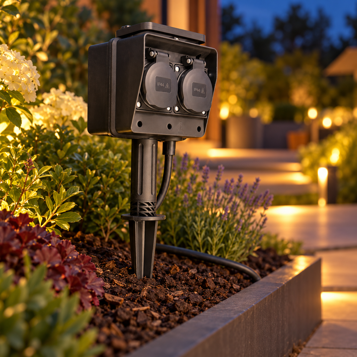Trano Gartensteckdose – Garten am Abend