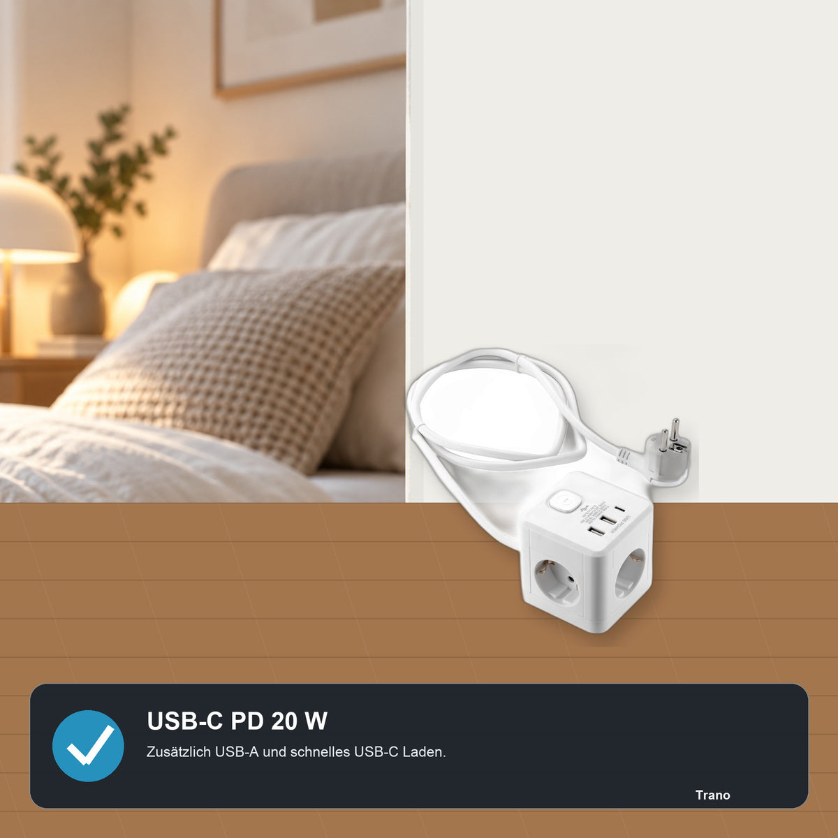 Trano Tischsteckdose 3-fach mit USB-A und USB-C – Ausstattung