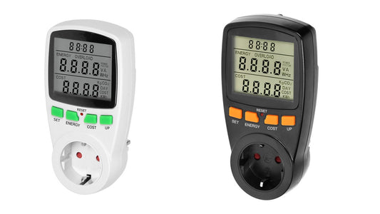 Eintarif-Leistungsmesser mit LCD-Display und eingebauter Batterie, Schuko, Weiß/Schwarz