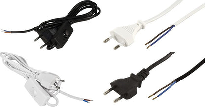 Euro-Netzkabel-Sammlung: Verschiedene Längen und Farben, mit und ohne Schnurschalter, blanken Enden, 2x0,75 mm²