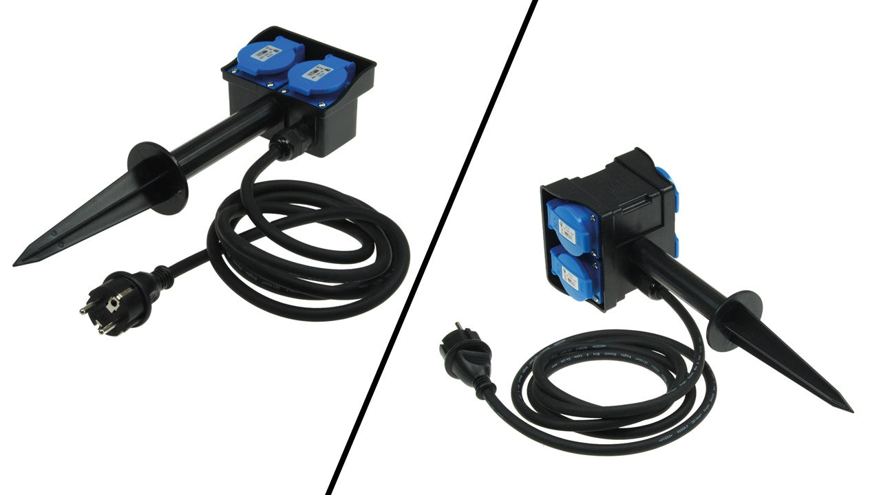 Elegante Gartensteckdose mit Erdspieß, 2-fach oder 4-fach, 2m oder 10m Kabel, IP44, 230V