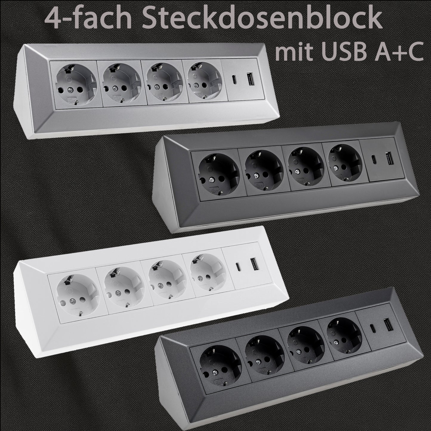 4-fach Steckdosenblock mit USB-A & USB-C, 250V~/16A, 3600W, PD 20W, 3,1A, Aufbaumontage, 26x8x8cm, in 4 Farben