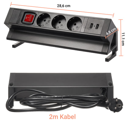 Tisch-Steckdose 3-fach 2x USB Schalter Mehrfachsteckdose Büro 2m Kabel