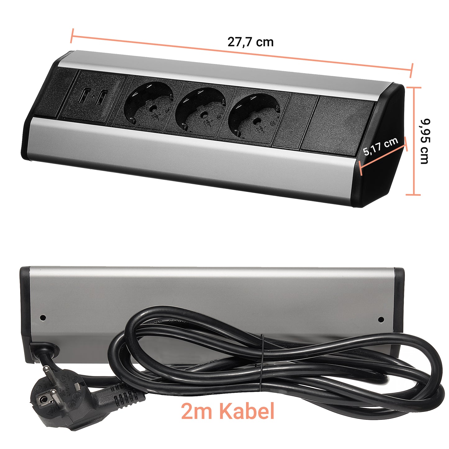 Möbel-Steckdose USB Mehrfachsteckdose Küche Büro 2m Kabel Steckdosenleiste