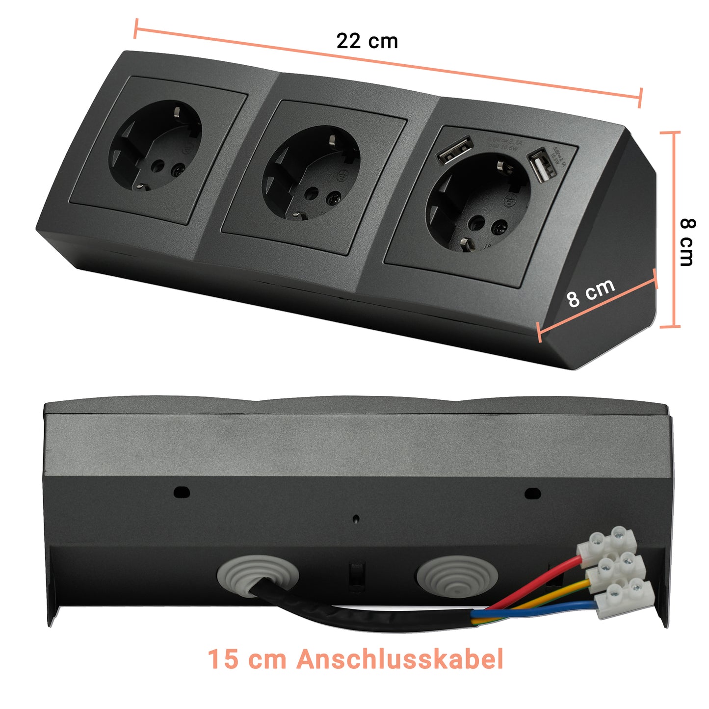 Möbel-Steckdose 3-fach 2x USB Mehrfachsteckdose Küche Büro Steckdosenverteiler