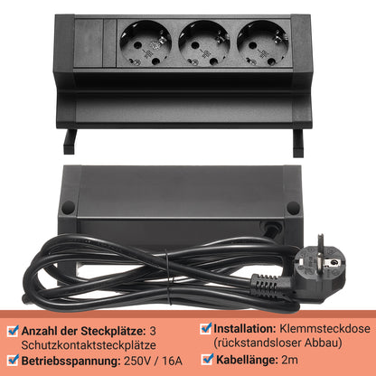 Möbel-Steckdose 3-fach Mehrfachsteckdose Steckdosenleiste Büro 2m Kabel Tisch