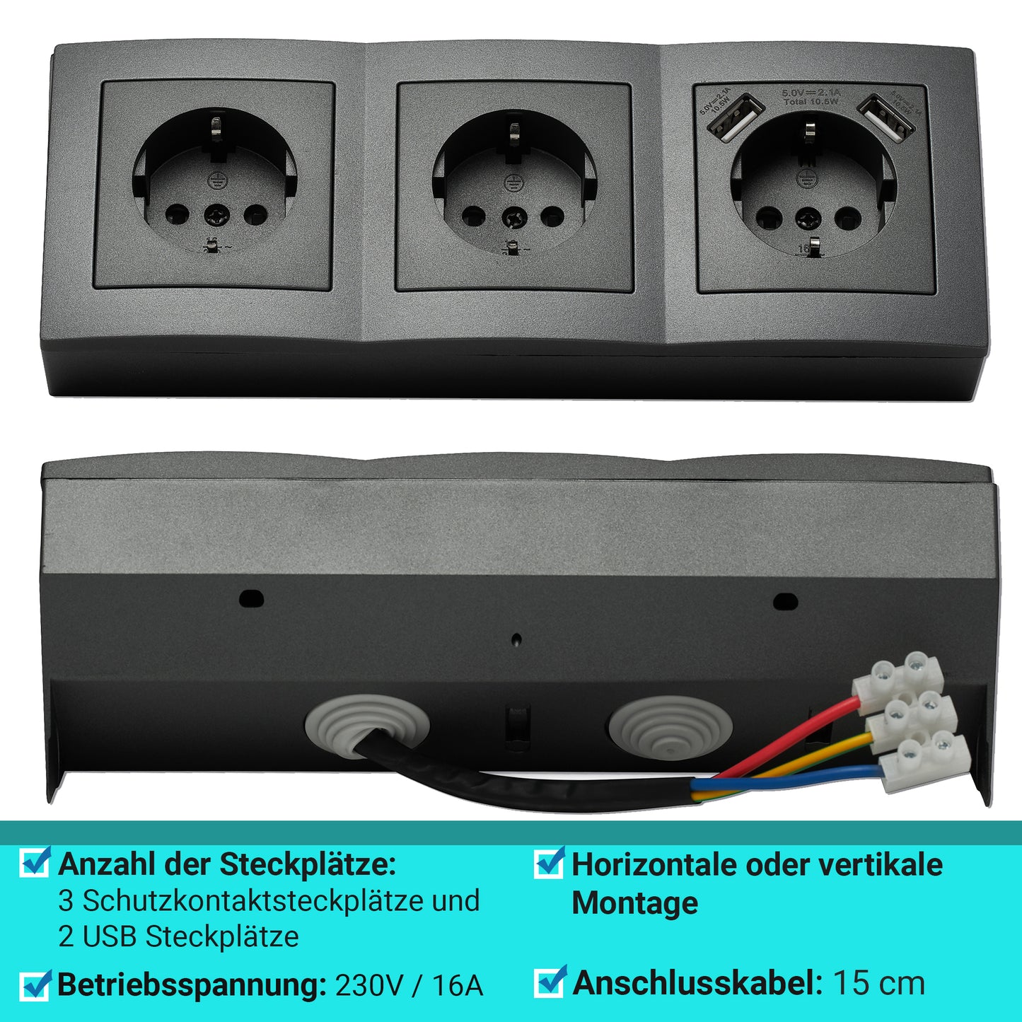 Möbel-Steckdose 3-fach 2x USB Mehrfachsteckdose Küche Büro Steckdosenverteiler