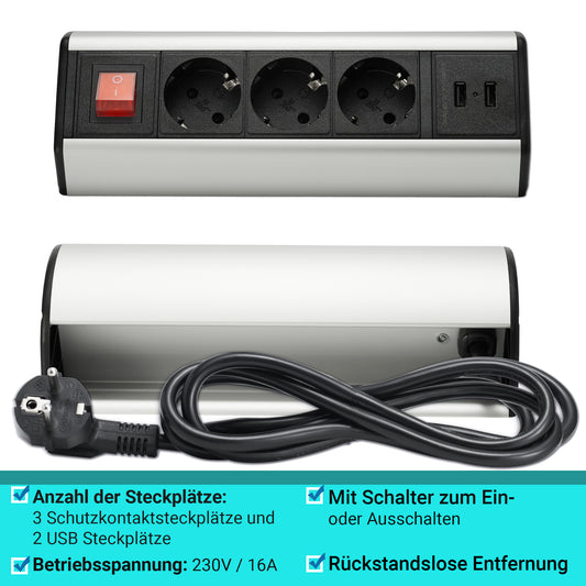 Möbel-Steckdose Schreibtisch Küche Büro Schalter Kabel USB Mehrfachsteckdose