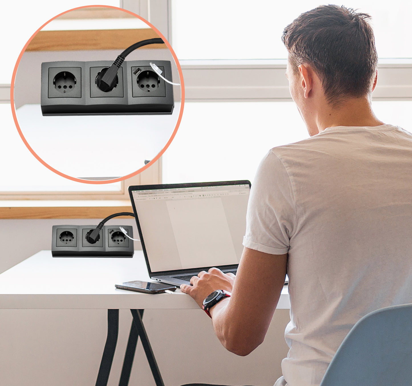 Möbel-Steckdose 3-fach 2x USB Mehrfachsteckdose Küche Büro Steckdosenverteiler